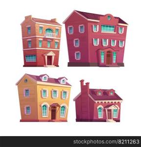 Urban retro building cartoon vector set illustration. Old residential single and multi-storey buildings from concrete and red brick, isolated on white background. Urban retro colonial victorian building, cartoon