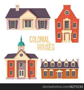 Urban retro colonial style building cartoon vector set illustration. Old residential and government buildings, church, Victorian houses isolated on white background. Urban retro colonial style building cartoon