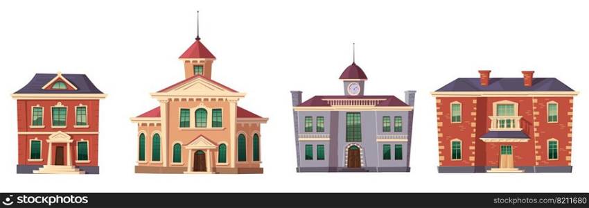 Urban retro colonial style building cartoon vector set illustration. Old residential and government buildings, 18 century Victorian houses isolated on white background. Urban retro colonial style building cartoon