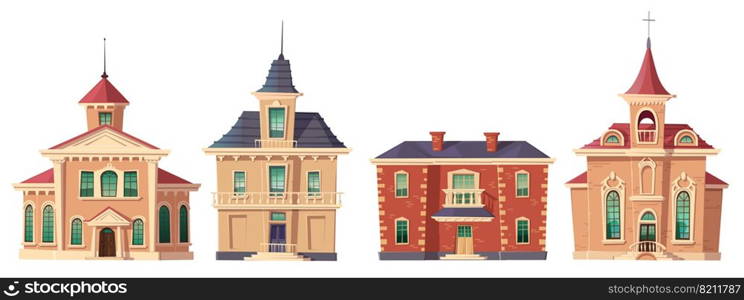 Urban retro colonial style building cartoon vector set illustration. Old residential and government buildings, 18 century Victorian houses house with balcony and turret isolated on white background. Urban retro colonial style building cartoon