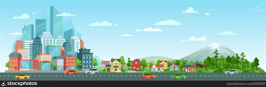 Urban road with cars landscape. City road traffic, big city buildings, suburban houses and wild nature landscape. Residential and road panorama, transportation district vector illustration. Urban road with cars landscape. City road traffic, big city buildings, suburban houses and wild nature landscape vector illustration
