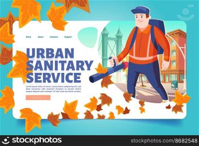 Urban sanitary service cartoon landing page. Janitor street cleaner blowing out fallen leaves on cityscape background. Man with blower cleanup city or town at autumn season, Vector ad web banner. Urban sanitary service cartoon landing page, ad