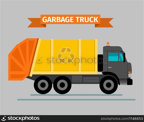 Urban sanitary vehicle garbage front loader truck, vector. Urban sanitary vehicle garbage truck