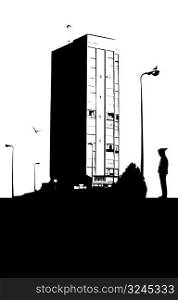 urban scene, hooded man, vector illustration