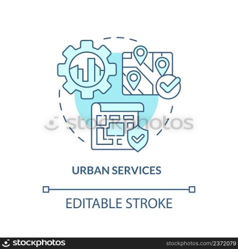 Urban services turquoise concept icon. Heritage reservation. Developmental activities abstract idea thin line illustration. Isolated outline drawing. Editable stroke. Arial, Myriad Pro-Bold fonts used. Urban services turquoise concept icon