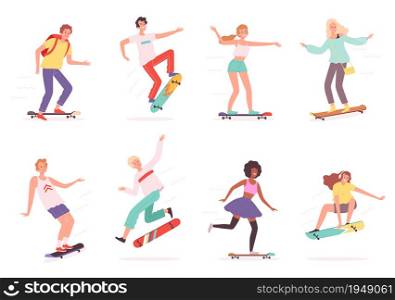 Urban skateboarders. Outdoor characters riders in action poses jumping skaters vector skateboard. Skateboard and skateboarding, skateboarder sport activity outdoor illustration. Urban skateboarders. Outdoor characters riders in action poses jumping skaters vector skateboard