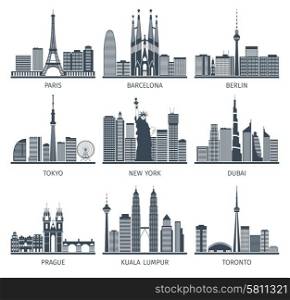 Urban Skylines Icons Set . Urban skylines black white icons set with Paris Berlin and New York flat isolated vector illustration