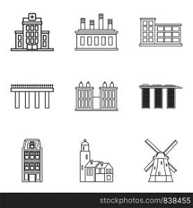 Urban skyscraper icons set. Outline set of 9 urban skyscraper vector icons for web isolated on white background. Urban skyscraper icons set, outline style