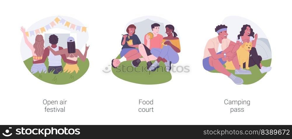 Urban summer weekend isolated cartoon vector illustrations set. Open air festival, food court at urban event, camping pass, entertainment time, live music at open air concert vector cartoon.. Urban summer weekend isolated cartoon vector illustrations set.