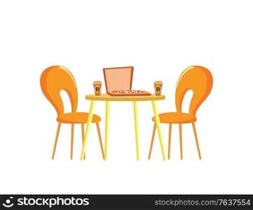 Urban table serving with dish, pizza in paper box and cups of coffee. Colorful board and empty chairs, fast food and lunch, furniture on white vector. Table Serving with Pizza and Cups of Coffee Vector