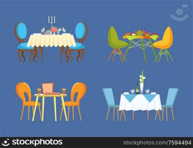 Urban table serving with dishes, pizza and dessert with cup of tea and coffee. Elegant board with soft chairs decorated by glass and flowers vector. Urban and Elegant Table Serving with Dishes Vector