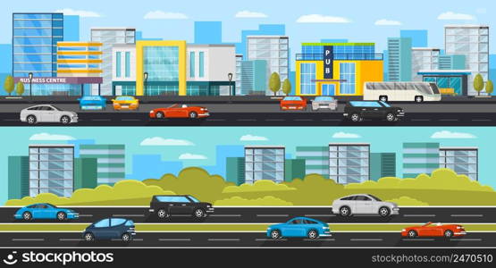 Urban traffic horizontal banners with different colorful automobiles on road and modern cityscape vector illustration. Urban Traffic Horizontal Banners