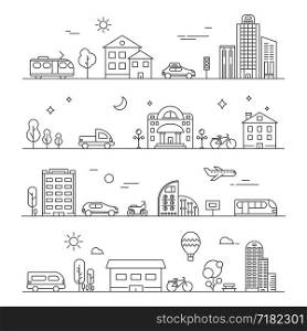 Urban traffic. Linear transportation symbols isolate. City road and transport, cityscape outline, vector illustration. Urban traffic. Linear transportation symbols isolate