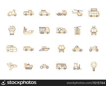 Urban transport icon. Public vehicles taxi motorcycle planes boats helicopter car train vector outline pictures. Illustration of transportation traffic road and air, helicopter and steam locomotive. Urban transport icon. Public vehicles taxi motorcycle planes boats helicopter car train vector outline pictures