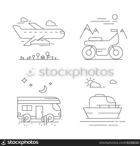 Urban transport icons. Vector compositions with transport. Car bus and airplane, plane and ship ilustration. Urban transport icons. Vector compositions with transport