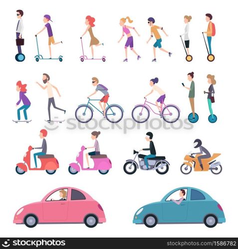 Urban transport. People riding city vehicle bicycle driving electrical scooter skate segway vector cartoon illustration. Bicycle and vehicle, ride urban drive, city transportation. Urban transport. People riding city vehicle bicycle driving electrical scooter skate segway vector cartoon illustrations