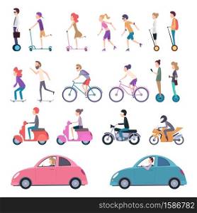Urban transport. People riding city vehicle bicycle driving electrical scooter skate segway vector cartoon illustration. Bicycle and vehicle, ride urban drive, city transportation. Urban transport. People riding city vehicle bicycle driving electrical scooter skate segway vector cartoon illustrations
