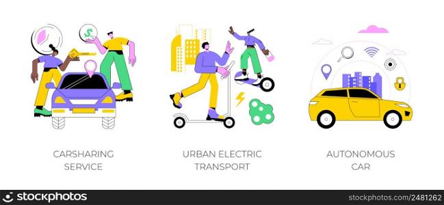 Urban transportation abstract concept vector illustration set. Carsharing service, urban electric transport, autonomous car, rental service, city lifestyle, self-driving vehicle abstract metaphor.. Urban transportation abstract concept vector illustrations.