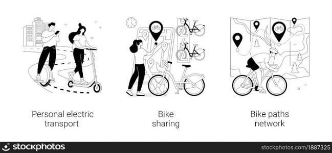 Urban transportation abstract concept vector illustration set. Personal electric transport, bike sharing, bike paths network, scooter rental application, book ride online, city map abstract metaphor.. Urban transportation abstract concept vector illustrations.
