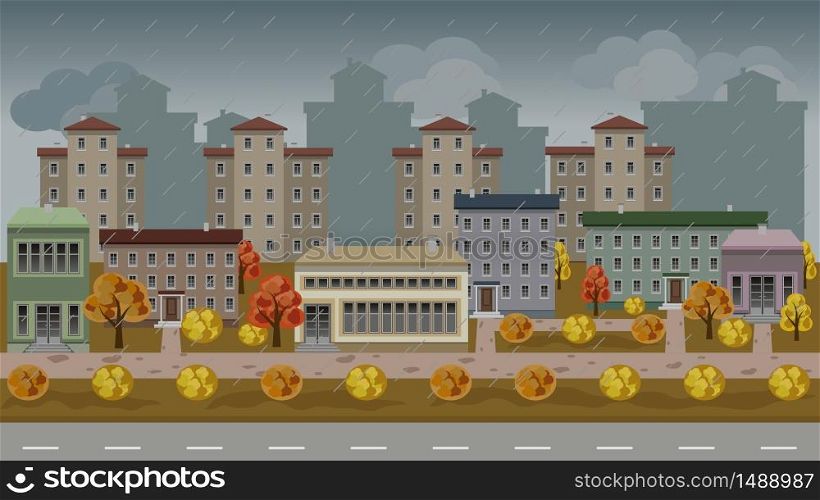Urban vector cartoon cityscape with set of residential houses and buildings in atmospheric autumn rainy landscape. Colorful trees, modern houses, rain, road and walks. Flat style, vector illustration