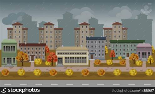 Urban vector cartoon cityscape with set of residential houses and buildings in atmospheric autumn rainy landscape. Colorful trees, modern houses, rain, road and walks. Flat style, vector illustration