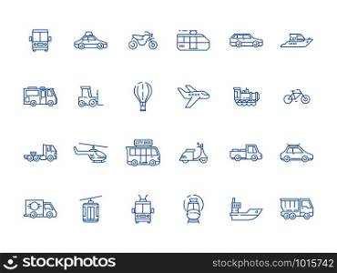 Urban vehicle icons. City transport planes boat cars boats truck vector thin line pictures set. Illustration of transport vehicle and public auto. Urban vehicle icons. City transport planes boat cars boats truck vector thin line pictures set