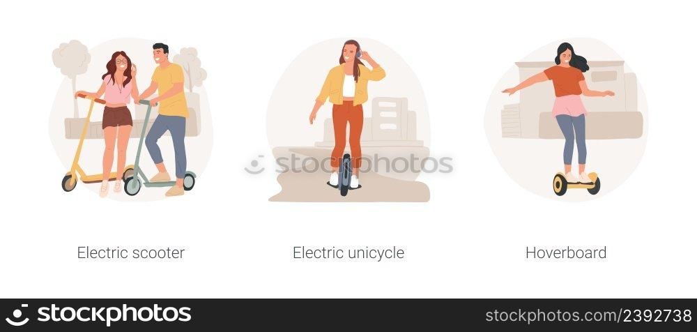 Urban vehicles isolated cartoon vector illustration set. Teenage couple riding scotter at city park, girl on electric unicycle, teen learning to ride electric hoverboard vector cartoon.. Urban vehicles isolated cartoon vector illustration set.