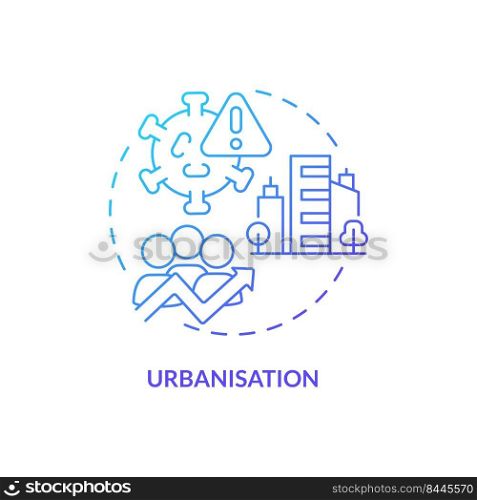 Urbanisation blue gradient concept icon. Virus spreading. Reason for increased risk of pandemic abstract idea thin line illustration. Isolated outline drawing. Myriad Pro-Bold fonts used. Urbanisation blue gradient concept icon