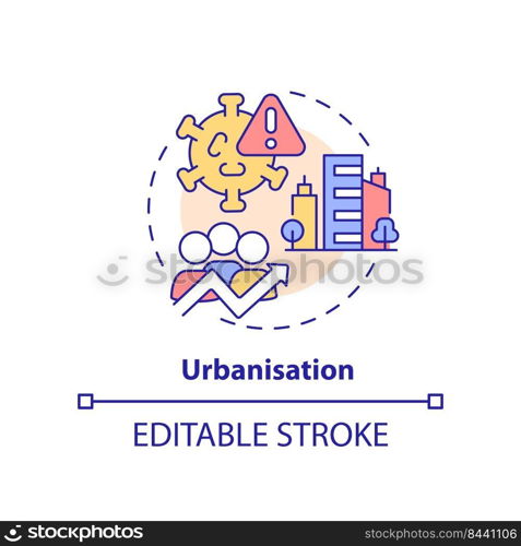 Urbanisation concept icon. Virus spreading. Reason for increased risk of pandemic abstract idea thin line illustration. Isolated outline drawing. Editable stroke. Arial, Myriad Pro-Bold fonts used. Urbanisation concept icon