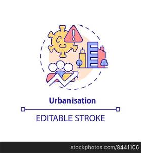 Urbanisation concept icon. Virus spreading. Reason for increased risk of pandemic abstract idea thin line illustration. Isolated outline drawing. Editable stroke. Arial, Myriad Pro-Bold fonts used. Urbanisation concept icon
