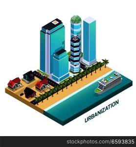 Urbanization isometric composition with modern landscapes built nearby old district with abandoned dilapidated rural houses vector illustration . Urbanization Isometric Composition
