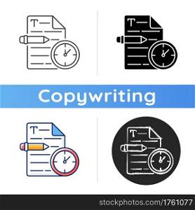 Urgent copywriting icon. Fast copywriting services. Time management on project. Professional journalist. Writing commercial text. Linear black and RGB color styles. Isolated vector illustrations. Urgent copywriting icon