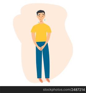 Urinary incontinence problem. The young man wants to pee. The guy feels pain in his groin. Experiencing pain. Vector illustration.. Urinary incontinence problem. The young man wants to pee. The guy feels pain in his groin. Experiencing pain. Flat vector illustration.
