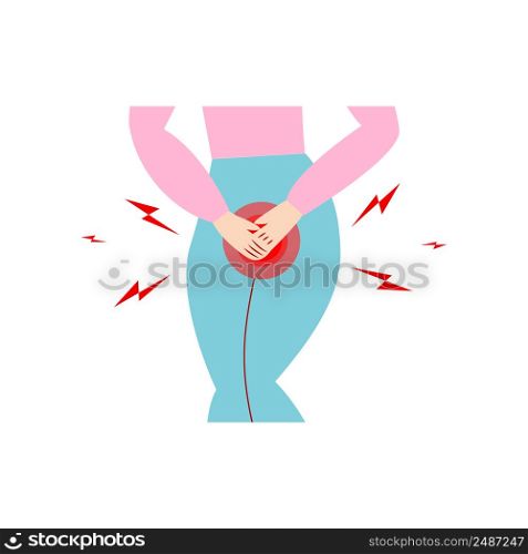 Urinary incontinence problem. Woman hands holding her crotch, Female want to pee all the time. Isolated on white background. Vector.. Urinary incontinence problem. Woman hands holding her crotch, Female want to pee all the time. Isolated on white background. Vector illustration.