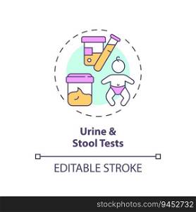 Urine and stool tests concept icon. Kidney function. Medical examination. Healthy baby. Pediatric healthcare abstract idea thin line illustration. Isolated outline drawing. Editable stroke. Urine and stool tests concept icon