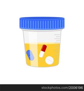 Urine sample with floating pills. Positive drug test result. Doping control in sport, post accident testing concept. Vector cartoon illustration.. Urine sample with floating pills. Positive drug test result. Doping control in sport, post accident testing concept. Vector cartoon illustration