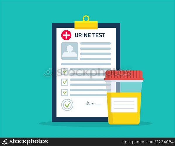 Urine test in jar with form of analysis result. Sample of urine test for laboratory. Specimen of pee in container for examination. Urinalysis for exam of ph, diabetes, disease. Vector.