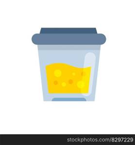 Urine test in plastic jar. Medical Urine analysis in container. Specimen cup. Flat illustration isolated on white. Testing for doping and pregnancy. Urine test in plastic jar.