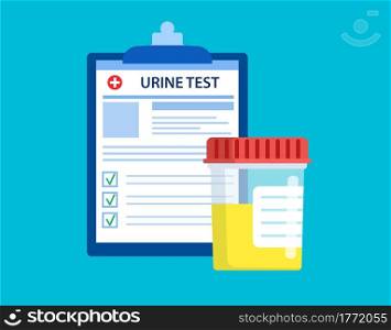 urine test Plastic jar and medical lab analysis form list with results data. Medical urine test records concept. Chemical laboratory analysis. Vector illustration in flat style. urine test Plastic jar