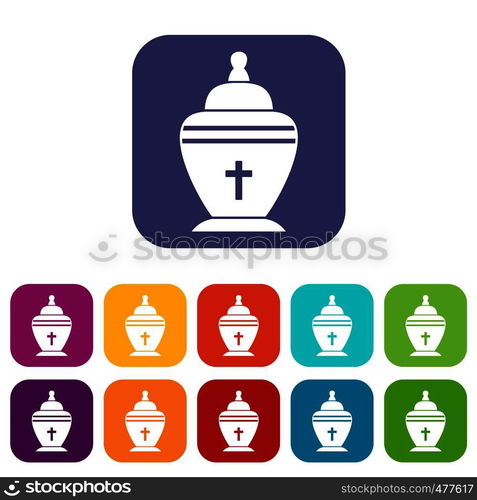 Urn icons set vector illustration in flat style in colors red, blue, green, and other. Urn icons set