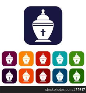 Urn icons set vector illustration in flat style in colors red, blue, green, and other. Urn icons set