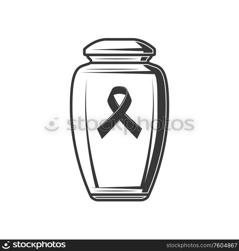 Urn with ash and black ribbon symbol of sorrow isolated. Vector monochrome funerary vase with human dust. Funeral urn with black ribbon isolated burial vase