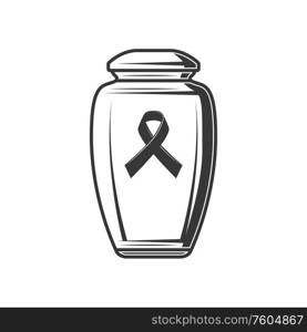 Urn with ash and black ribbon symbol of sorrow isolated. Vector monochrome funerary vase with human dust. Funeral urn with black ribbon isolated burial vase