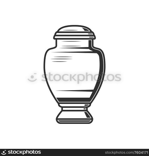 Urn with ash isolated antique box with human dust. Vector monochrome funeral vase. Box with human dust isolated vector funeral urn