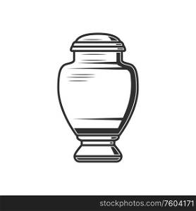 Urn with ash isolated antique box with human dust. Vector monochrome funeral vase. Box with human dust isolated vector funeral urn