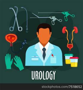 Urological examination icon of urologist with flat symbols of urinary system, urethral dilator, resectoscope endoscopes and angled clamp forceps, examination of urinary bladder with ureteroscope, urine specimen cups and gloves. Urology icon of medical examination, flat style