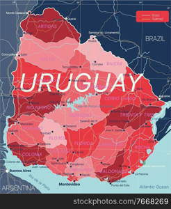 Uruguay country detailed editable map with regions cities and towns, roads and railways, geographic sites. Vector EPS-10 file. Uruguay country detailed editable map
