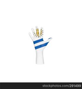 Uruguay flag and hand on white background. Vector illustration.. Uruguay flag and hand on white background. Vector illustration