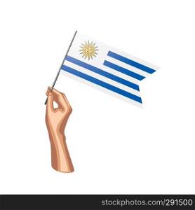 Uruguay flag and hand on white background. Vector illustration.. Uruguay flag and hand on white background. Vector illustration