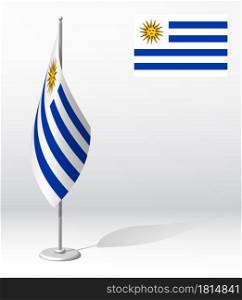 Uruguay flag on flagpole for registration of solemn event, meeting foreign guests. National independence day of Uruguay. Realistic 3D vector on white